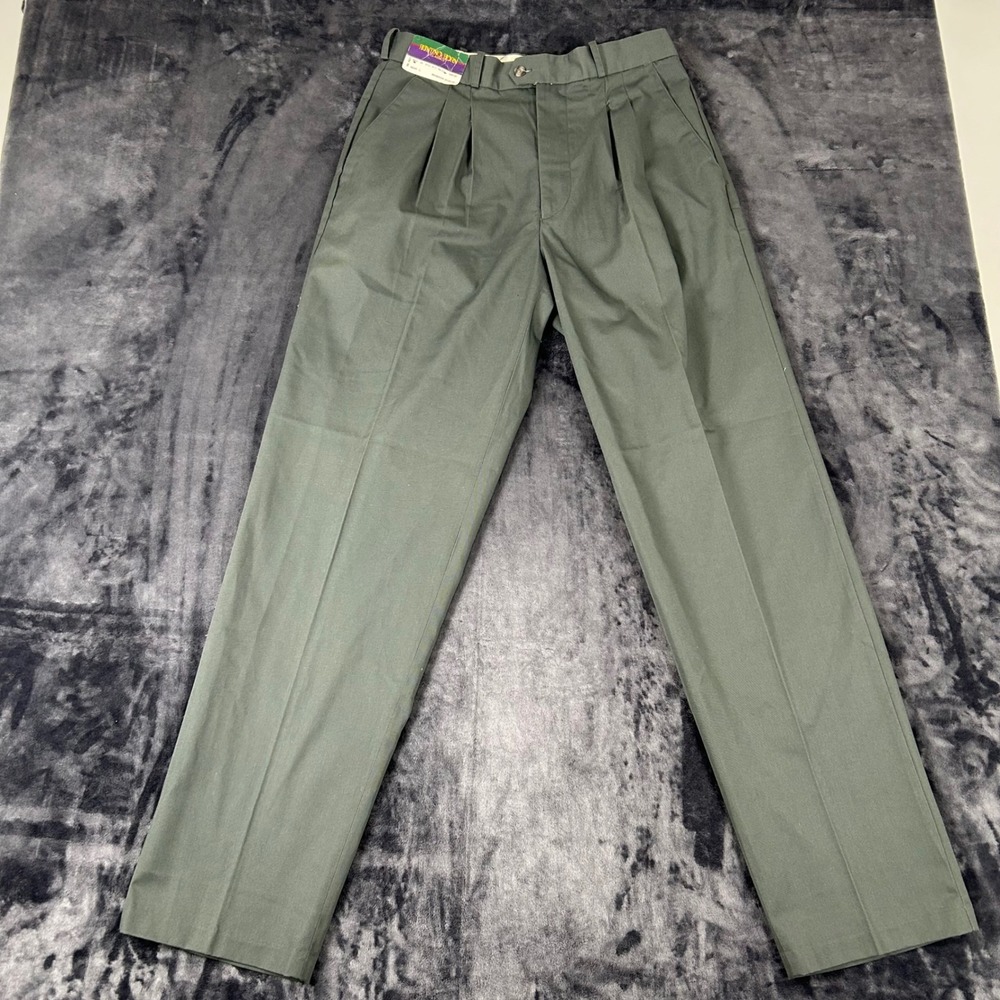 Hunting Horn T/C Twill Pants Mens 33L Olive Green Pleated Vintage Trousers